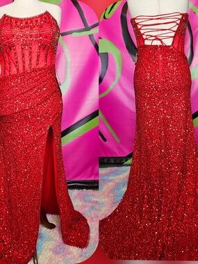 Jovani Red Sequined Lace-Up Back Prom Gown